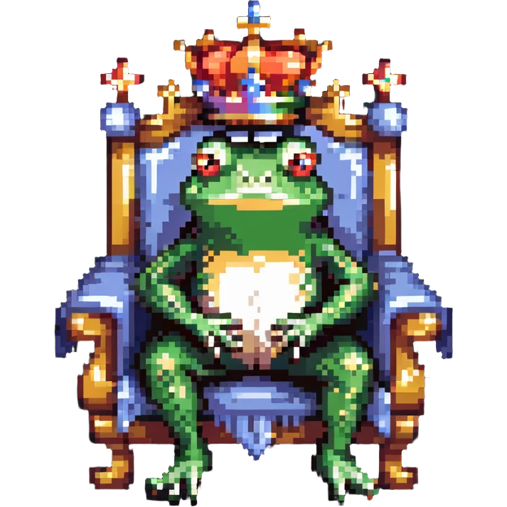 frog with a large ornate crown sitting on a throne emoji