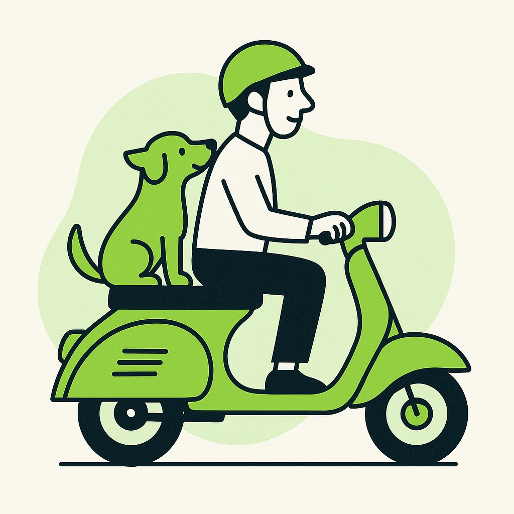 man and his pet dog riding a vespa emoji