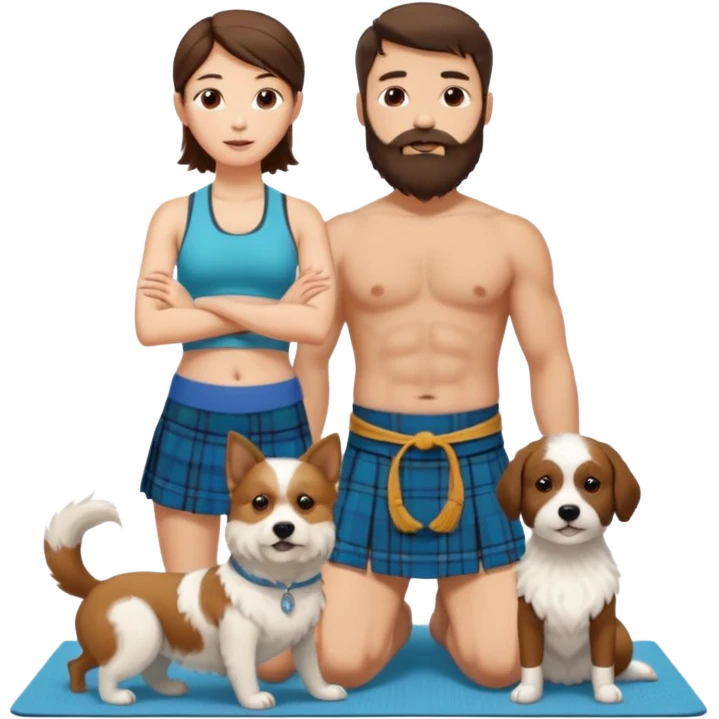 emoji of brunette man with beard wearing kilt, brunette woman in yoga outfit and one white fluffy dog emoji