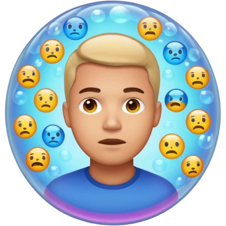 Realistic emoji-style man trapped inside a glowing filter bubble. The bubble contains identical social media icons and repeating content symbols. Outside the bubble are colorful diverse icons he cannot see. The man looks comfortable but unaware, expressing narrow perspective. emoji