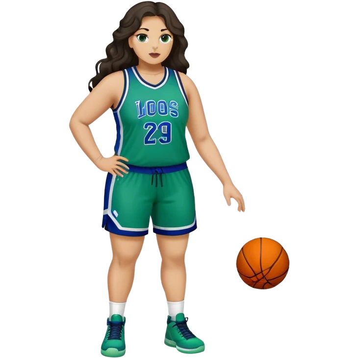 Full Body light skin Latino plus size women basketball player with long wavy dark hair  wearing blue and green uniform emoji