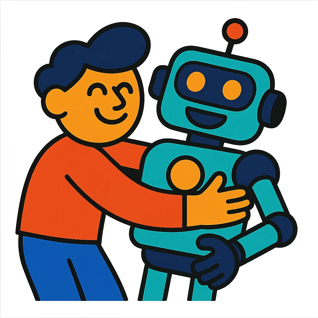 abstract illustration of a person hugging a friendly robot in vibrant toon style emoji