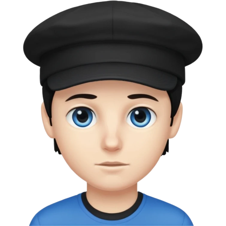 Menino branco de cabelo escuro, boné preto, olhos azuis emoji