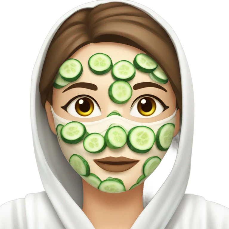 White girl with Brown hair and blue eyes wears a Green colored skincare clay textured mask and puts on cucumbers around her eyes while She relaxes in her white Robe emoji