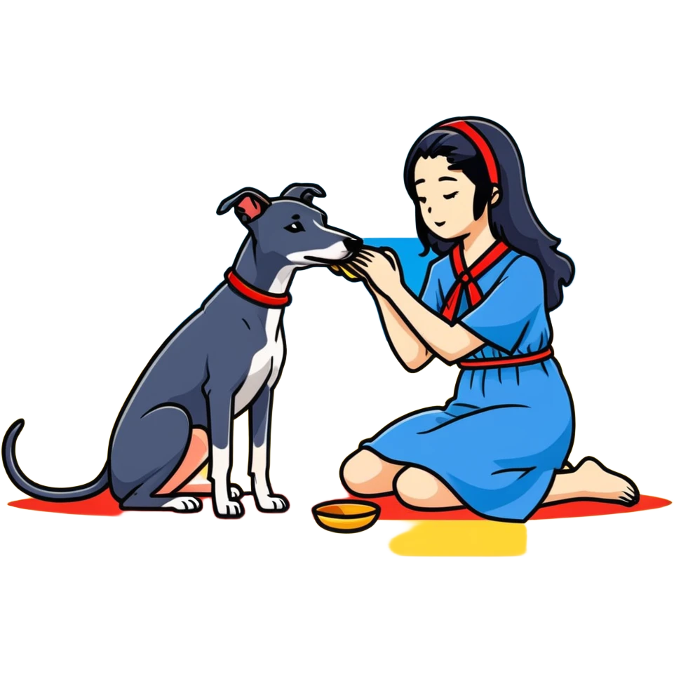 Only ONE beautiful 25-year-old Japanese woman with long flowing black hair wearing a stylish BLUE beach dress, gently PETTING her ONE PURE SOLID DARK GREY whippet with a bright RED COLLAR on a sunny beach. The woman is kneeling or bending down to pet the whippet, with her hand lovingly stroking the dog's head or back. The single whippet MUST be 100% SOLID DARK GREY with ABSOLUTELY NO WHITE MARKINGS ANYWHERE - specifically NO WHITE on face, NO WHITE on chest, NO WHITE on paws - ENTIRELY ONE CONSISTENT SOLID DARK GREY COLOR throughout. Just one woman and one dog. Bright blue daytime sky, sunshine, blue ocean and golden sand beach in the background. emoji