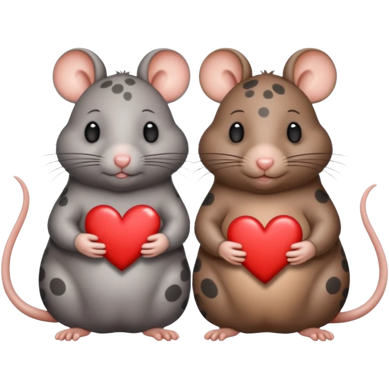 two fat little rats holding hearts one dark grey with white bigger spots the other rat warm brown without spots emoji