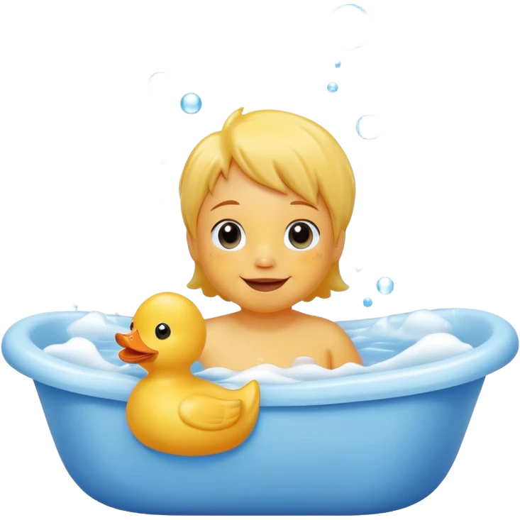 child splashing in a bathtub with rubber duck and bubbles, happy face emoji