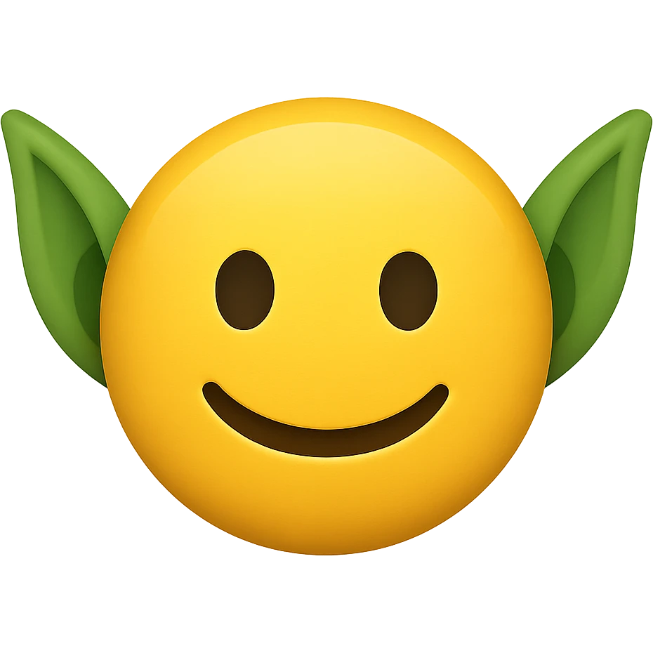 yellow face with green goblin ears, digital illustration, emoji style, no background emoji