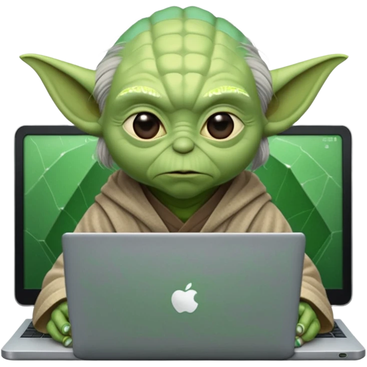 Yoda behind a laptop with a cyber shield on it emoji