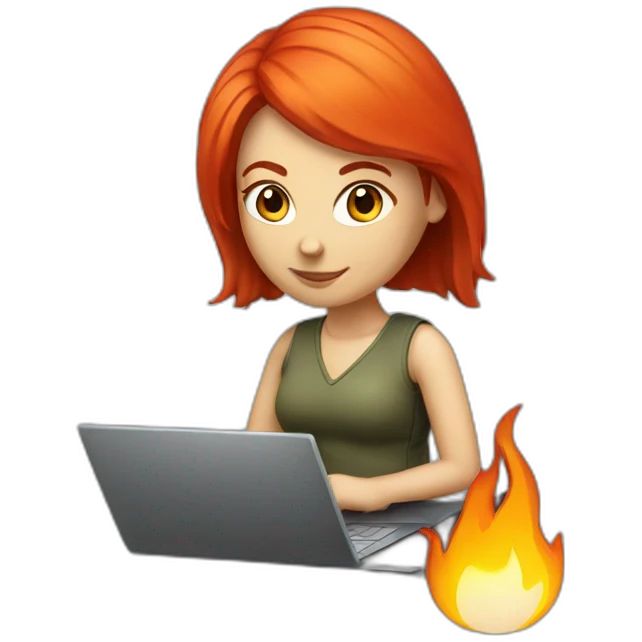 developer red hair woman with a laptop and a fire emoji