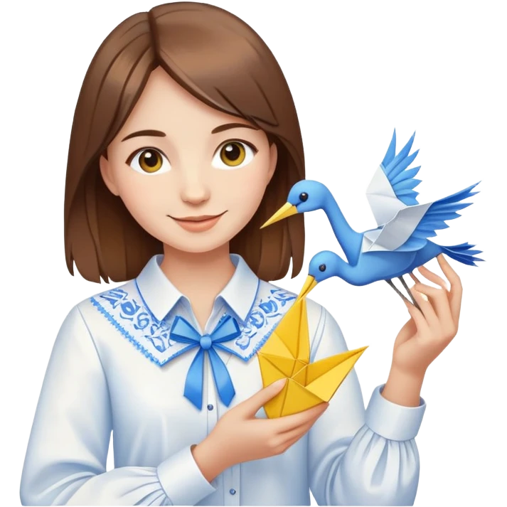 Happy Ukrainian young girl with brown hair in a white embroidered shirt holds an origami yellow and blue crane emoji