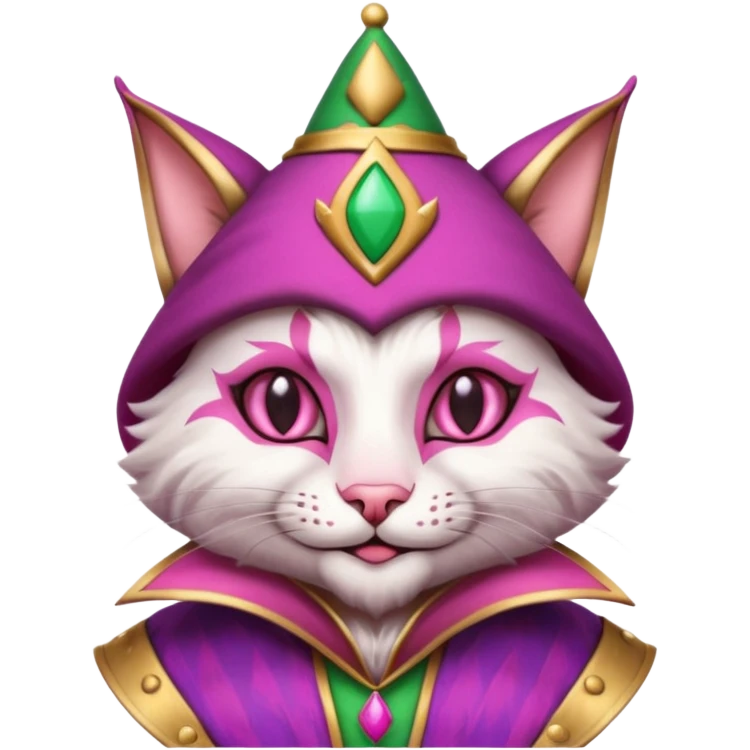 court jester cat medieval, single poker card joker clearly visible, pink, face only emoji