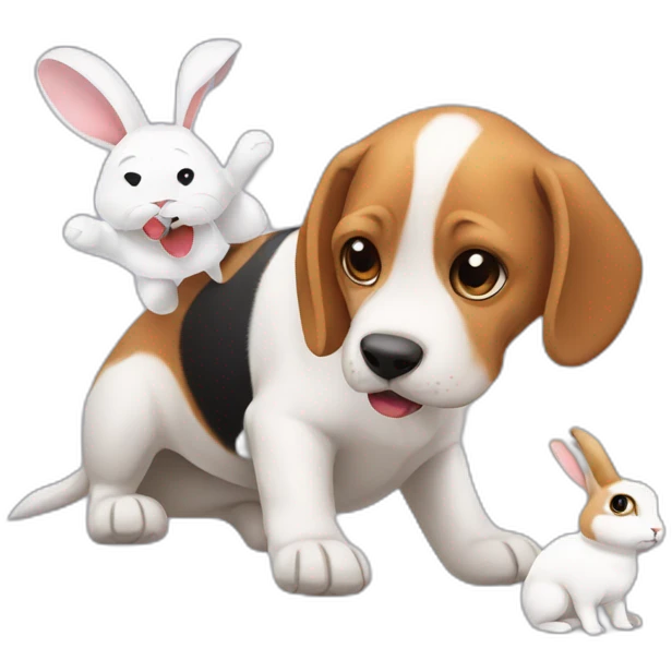 Adult beagle playing with a White rabbit emoji
