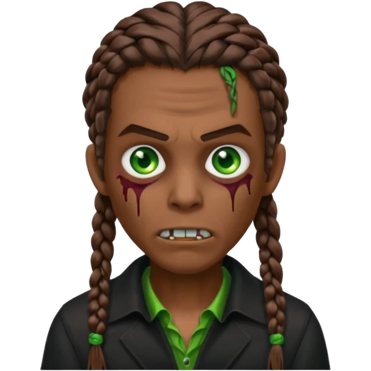Glued braids men zombie with brown hair color and green eye color, with dark vampire clothes, brown skin emoji