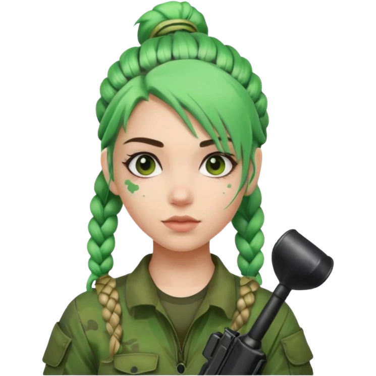 paintball player face girl braided green hair emoji