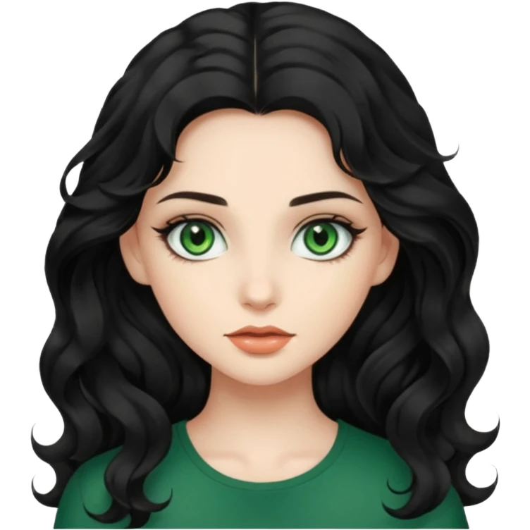 a girl with green eyes, long black wavy hair, subtle clean makeup emoji