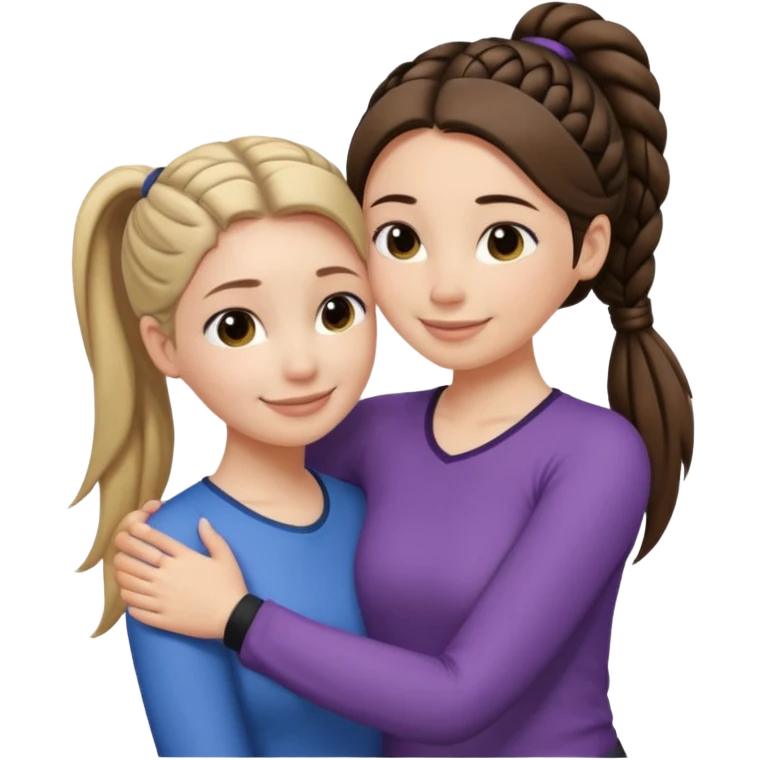Comforting Hug two white skin women, one shorter woman with medium brown simple top ponytail, not braided, and one taller woman with a single long black side braid emoji