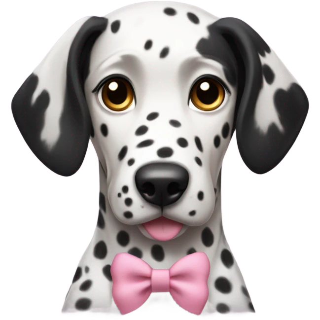 a female Dalmatian with brown eyes and all black ears wearing a pink bow emoji
