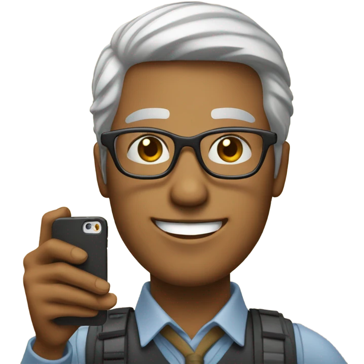 a man with square glasses holding a phone taking selfie and smile emoji