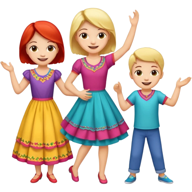 Super happy kids dancing and mom is sewing emoji