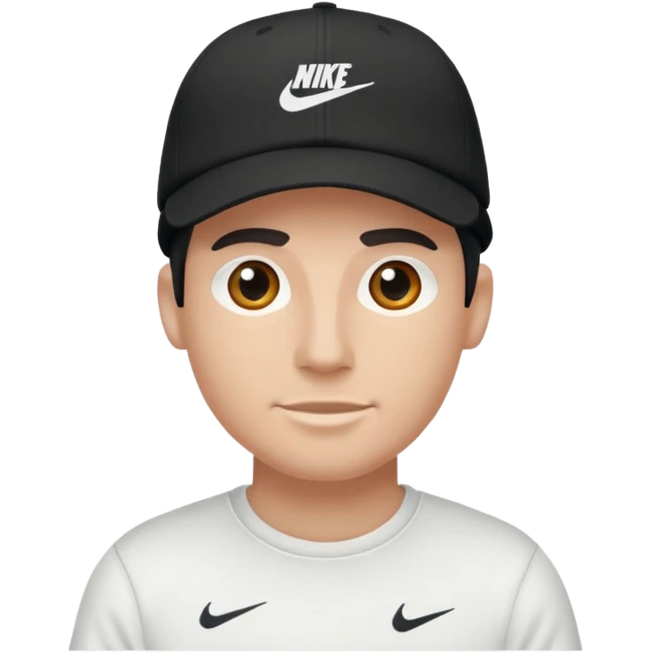 A guy wearing a white Nike shirt, a black Nike cap, emoji