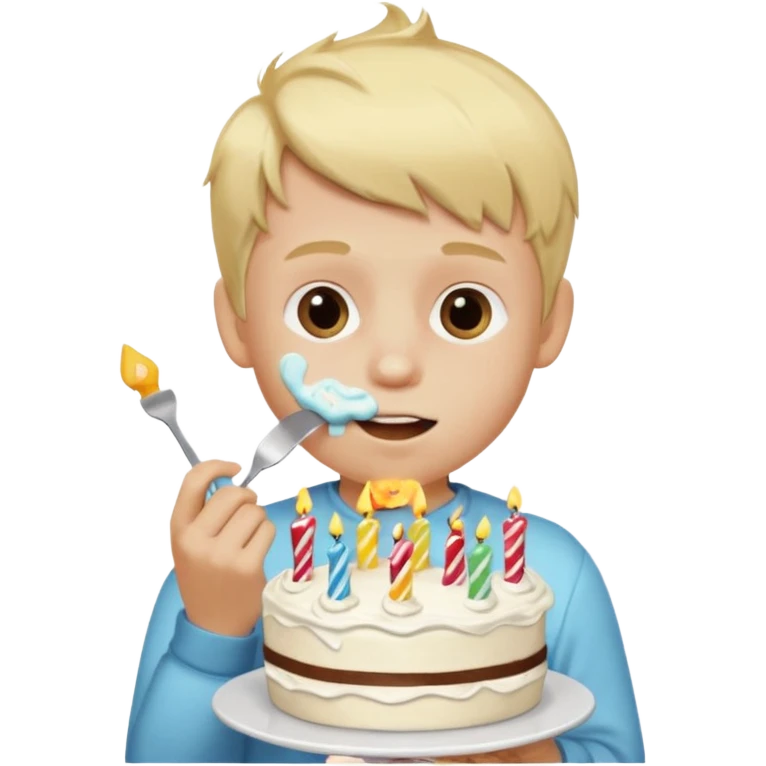 Blonde boy eating birthday cake emoji