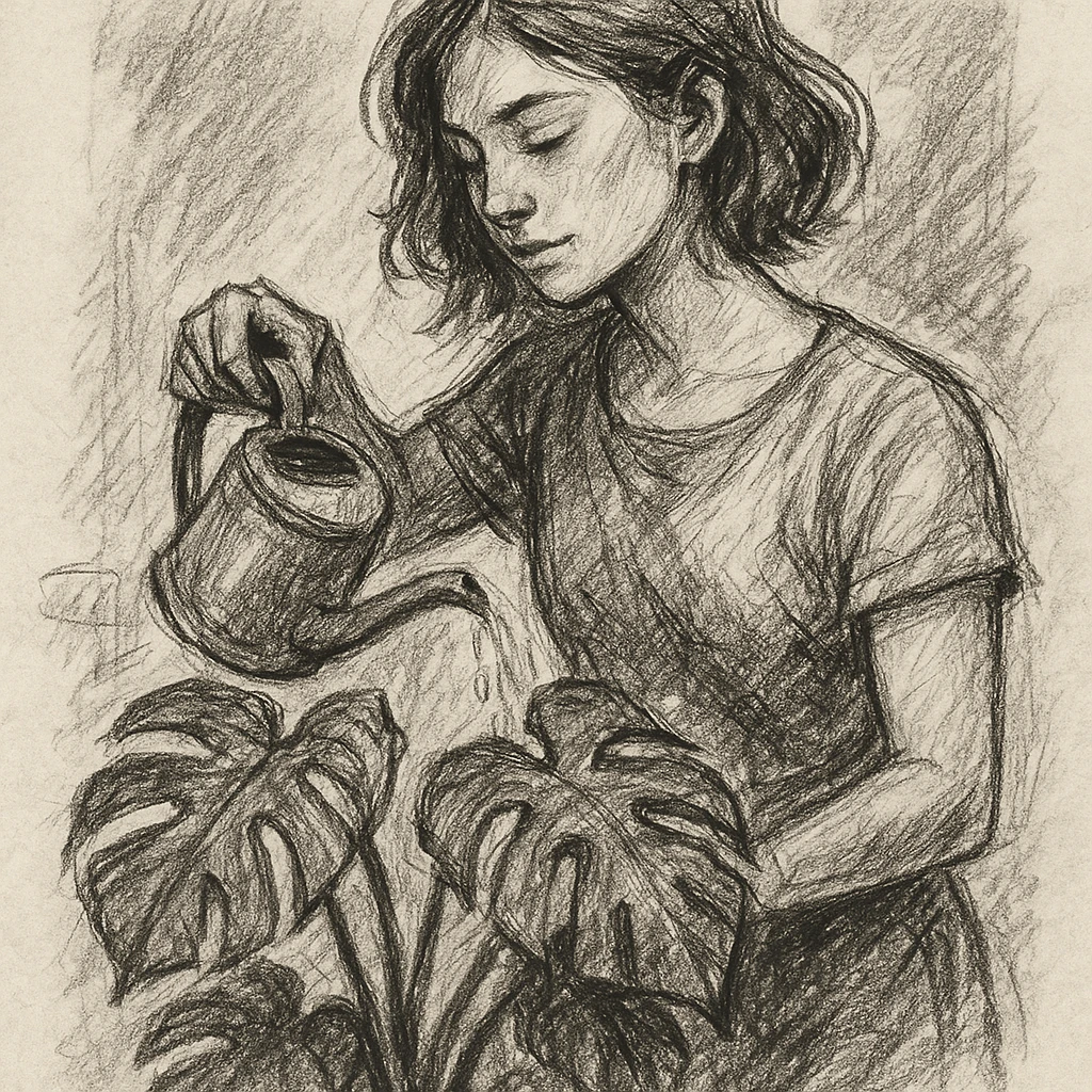 woman watering her monstera plant emoji