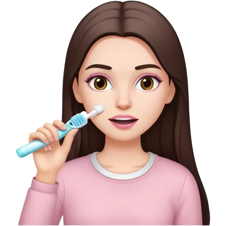 A white girl with makeup with long dark brown straight hair in pale pink clothes brushes her teeth emoji