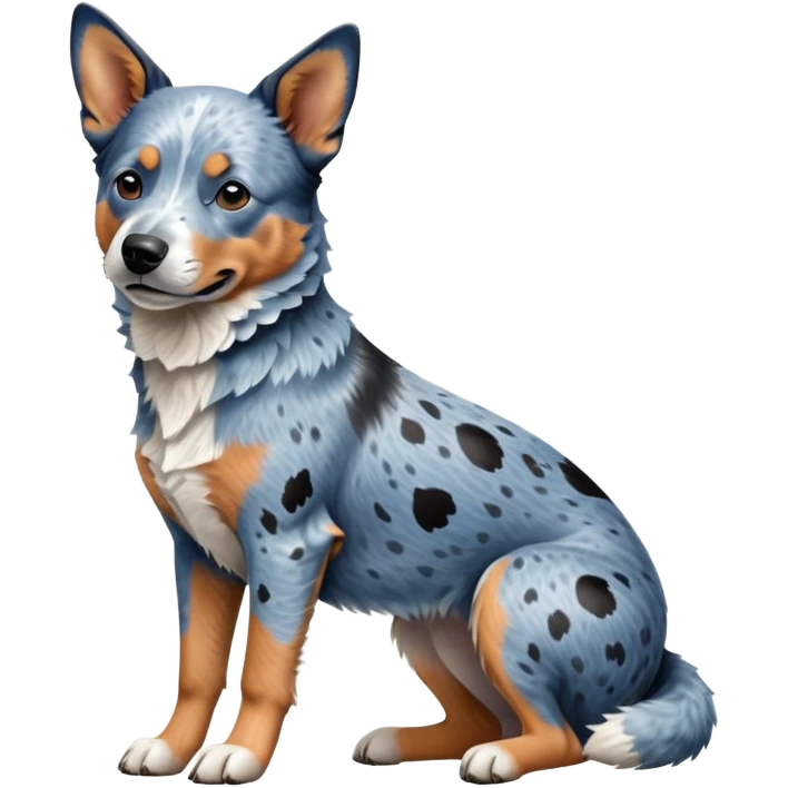 cinematic-[australian catle dog]-realistic-full-body-sitting-emoji,-tail-resting-loosely-beside-its-paws,-head-tilted-dramatically,-sleek-[vibrant-blue-speckle-fur]-fur,-simplified-yet-realistic-focused-features,-highly-detailed,-glowing-with-an-almost-sarcastic-glow emoji