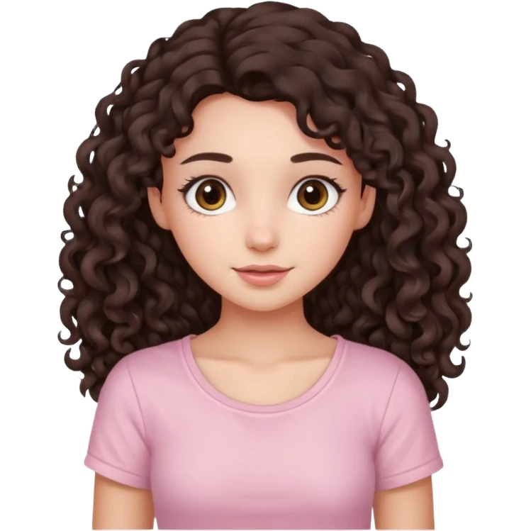crée moi une jeune fille très belle avec les cheveux bouclés long brune avec un top de couleur rose clair emoji
