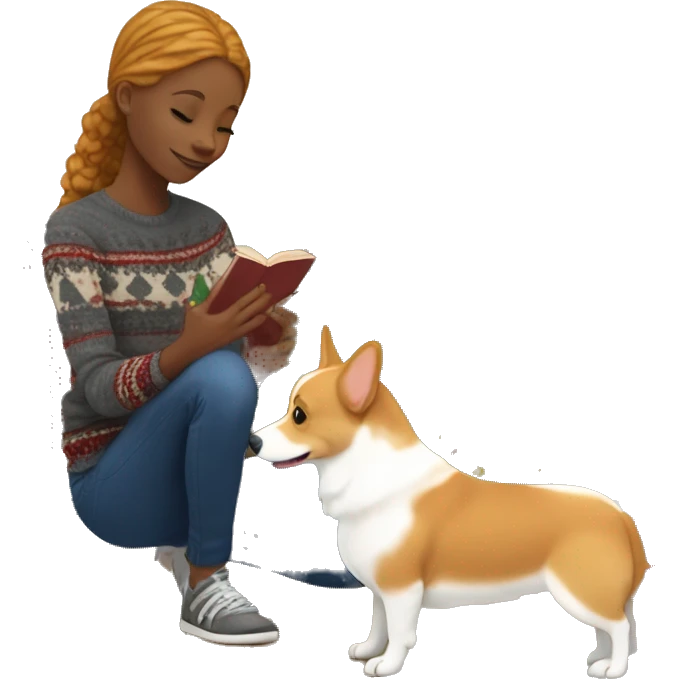 Ginger-blonde haired African American teen body playing with corgi in front of Christmas tree emoji