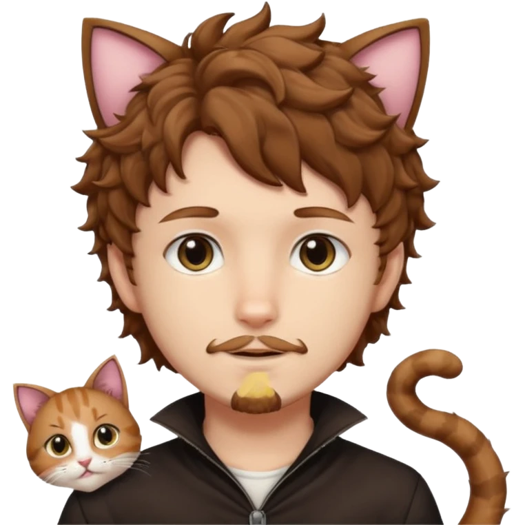 white boy with cat tail with goatee hair and cat ears with brown hair and anime features woth curly hair  emoji