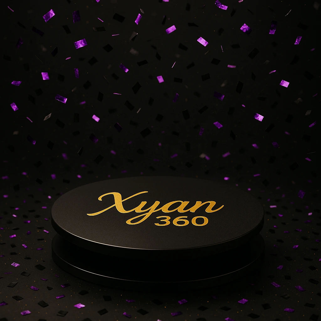 spinning platform with 'Xyan 360' written in gold, surrounded by confetti in purple and black, luxury event vibe emoji