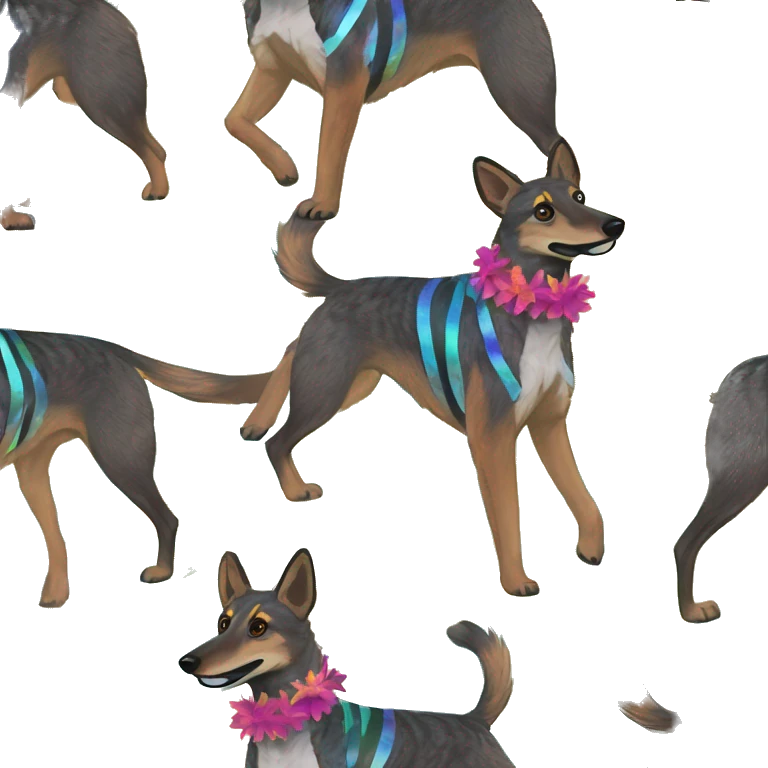  brindle brown black maroon striped lurcher Alsatian fox running blue eyes and iridescent holographic oilslick harness wearing paper iridescent tropical flower crown yellow caution tape emoji