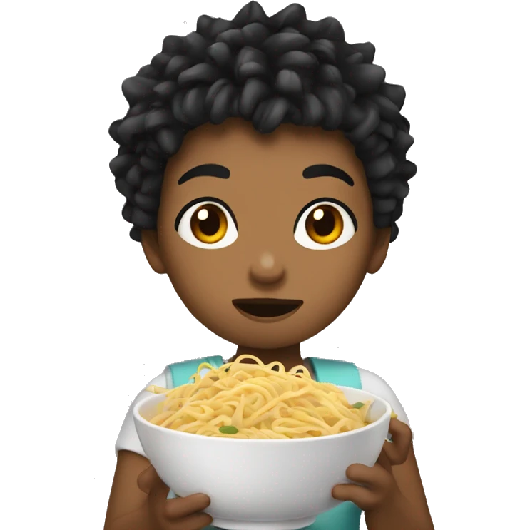 Girl with dark spiky hair eating noodles emoji
