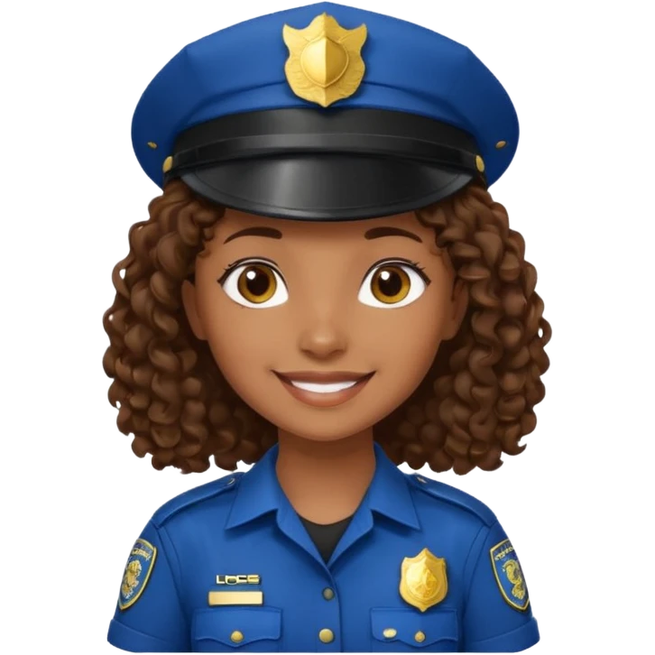 a cartoon-style avatar of a girl police officer with curly brown hair, wearing a black cap emoji