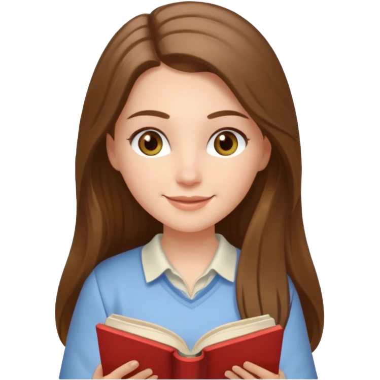happy white long brunette hair girl with hazel eyes wearing light reading a book  emoji