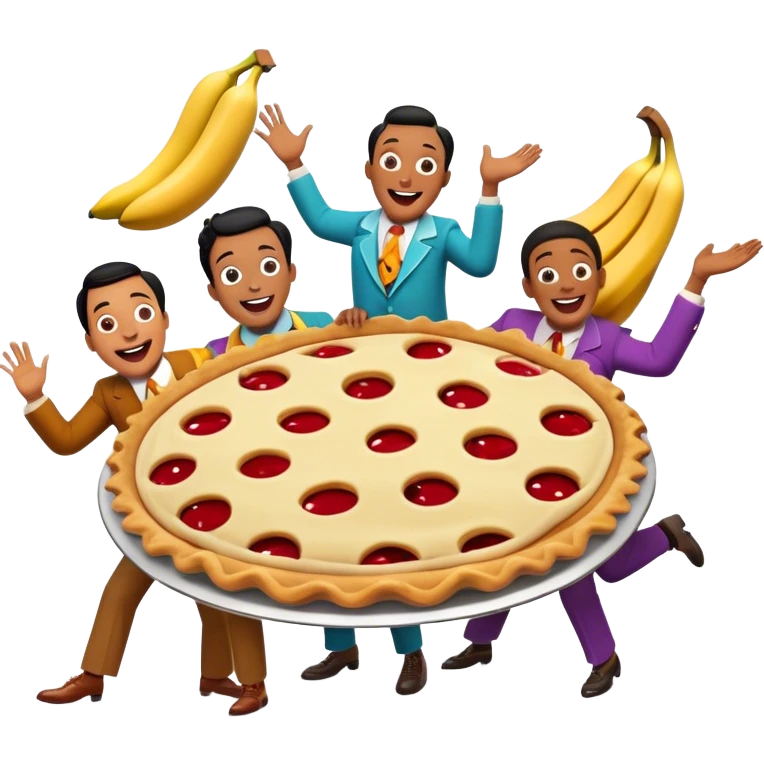 A vintage movie poster-style design featuring slapstick humor elements—funny characters in exaggerated poses, oversized props, and bright colors. Include elements like pies in faces, a falling banana peel, and cheerful expressions. Retro cinematic style. Transparent background. emoji