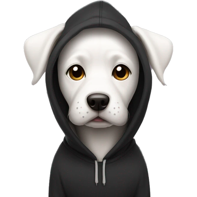White dog wearing black hoodie with hearts  emoji