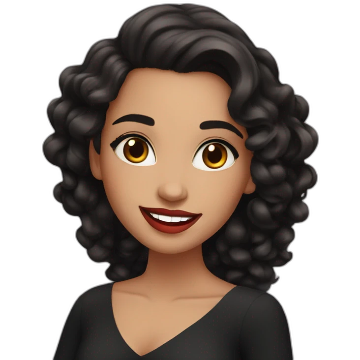young moroccan woman with dark brown eyes, dark long curling hair, red lips, big smile, black dress emoji