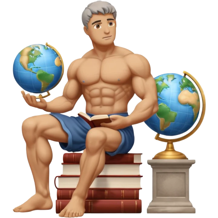 stone muscular stoic statue sitting on books, reading, with a globe in the background emoji