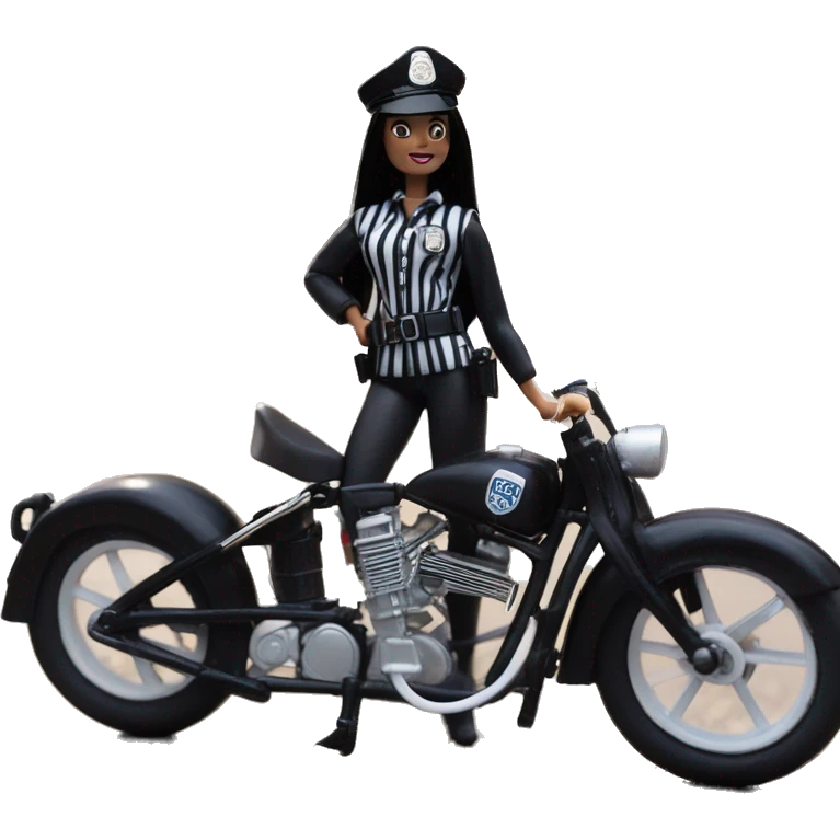 Silkstone Lingerie Barbie, Wednesday Addams from academy in vertically-striped dark-gray and black London police officer’s uniform with hat. Leaning back at the hips, riding a wheelie on a hot rod bike smiling  emoji