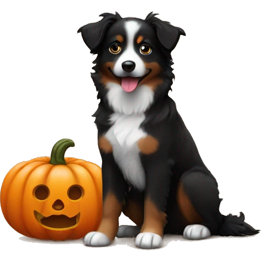Small black australian shepherd dog in a pumpkin emoji