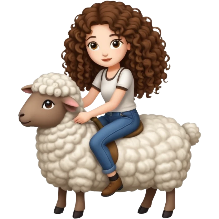 cute woman long curly brown hair tattoos riding fluffy sheep emoji