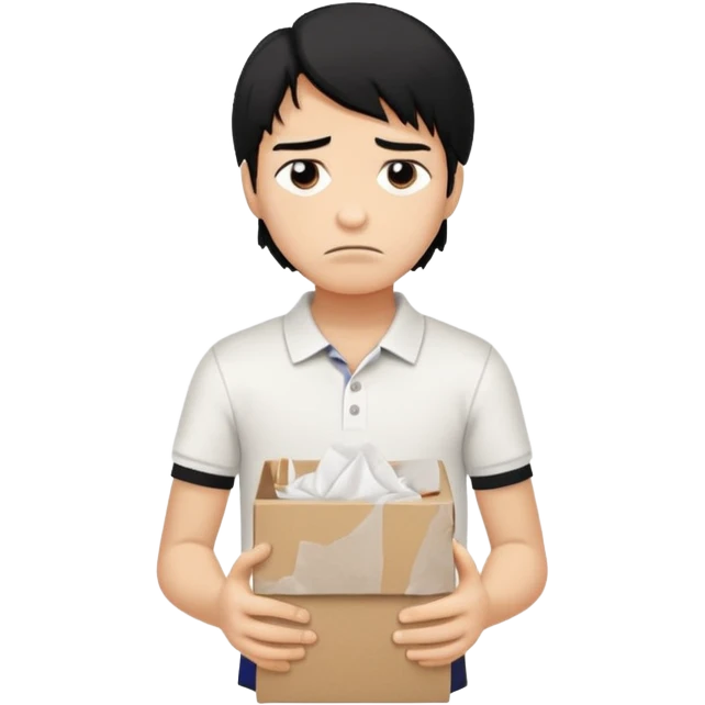generate a pretty bratz boy with long black hair, wearing a white polo shirt. Looking sad, holding a box of tissues emoji