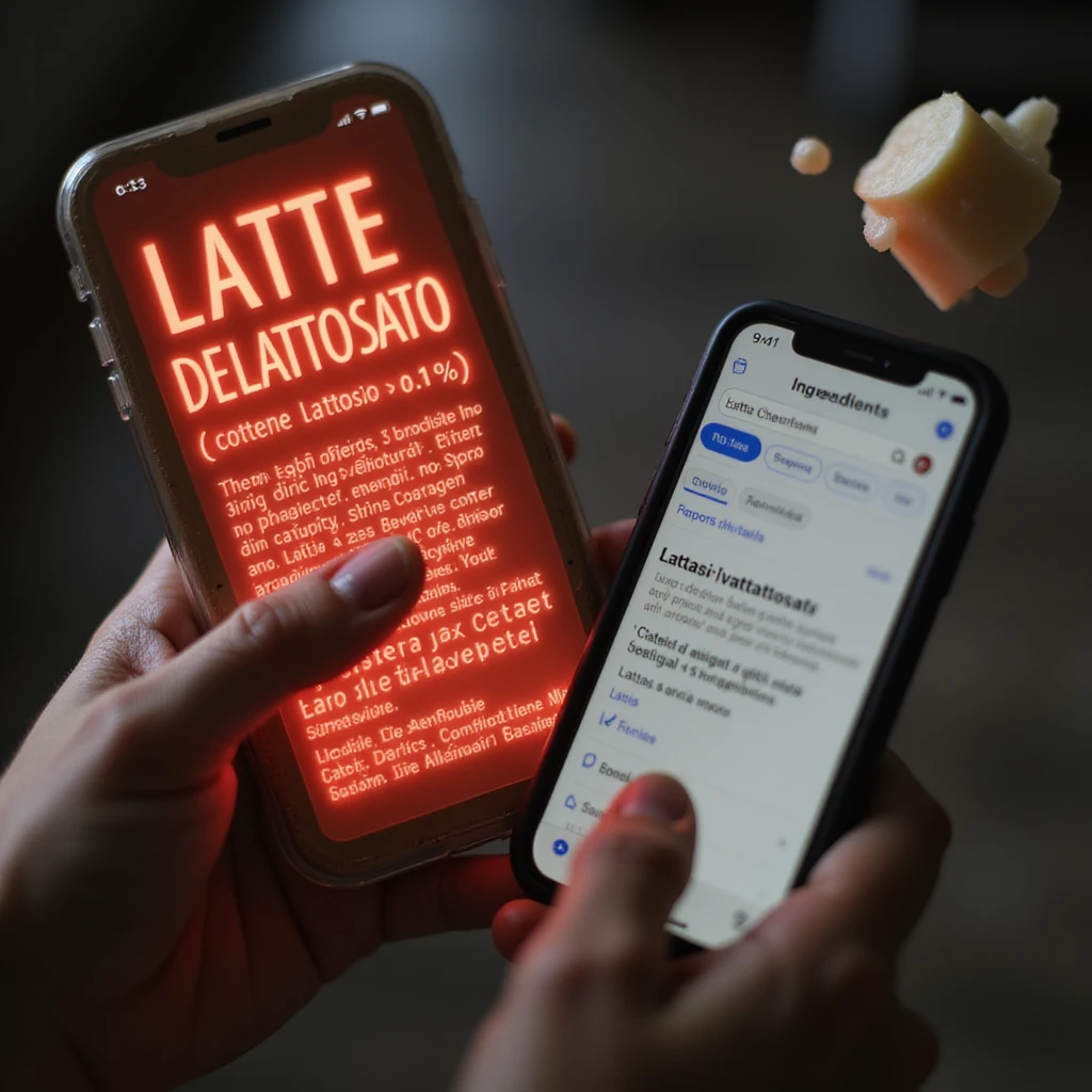 macro hyper-realistic shot of an ingredient list with 'LATTE DELATTOSATO (contiene lattosio <0.1%)' glowing red, a man's finger pointing at it, phone screen displaying a Google search for 'Lattasi sintetica effetti collaterali', and a floating lactose molecule emoji