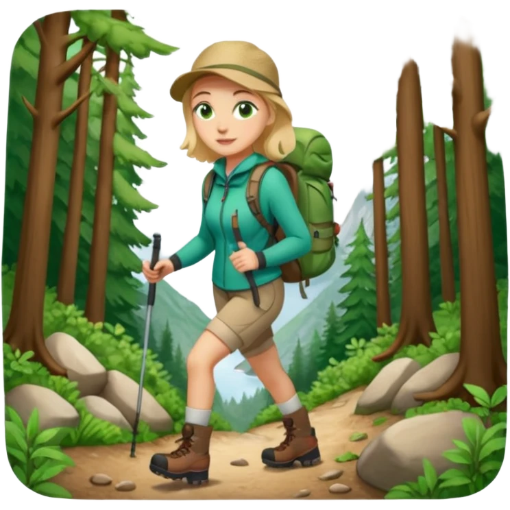 woman hiking in the woods in the sunshine. light face and green eyes. emoji