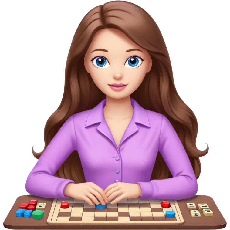 beautiful barbie girl with long brown hair, blue eyes and wearing light purple clothes playing board games emoji