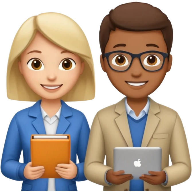 group of 5 colleagues 1 with computer, 1 with a copybook emoji