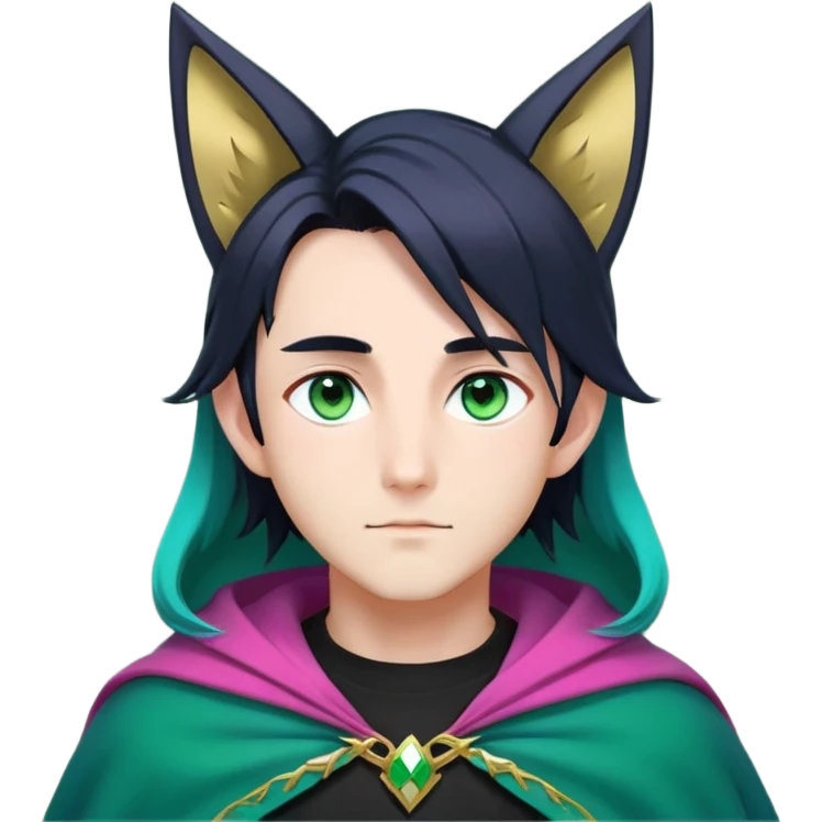 anime man with long-straight-dark-black-gradient hair with green accents, long black fox ears with pink Scapha, hazel-gradient-brown-turquoise eyes, gold earring, dark-blue-sweater, green cape,  emoji